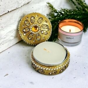 Handmade Rhinestone Beaded Tea Light Candle Holder Tin Box Travel 1.75" Jeweled